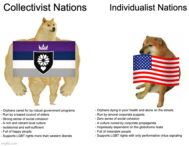 Buff Doge vs. Cheems | Collectivist Nations; Individualist Nations; - Orphans dying in poor health and alone on the streets
- Run by amoral corporate puppets
- Zero sense of social cohesion
- A culture ruined by corporate propaganda
- Hopelessly dependent on the globohomo teats
- Full of miserable people
- Supports LGBT rights with only performative virtue signaling; - Orphans cared for by robust government programs
- Run by a based council of elders
- Strong sense of social cohesion
- A rich and vibrant local culture
- Isolationist and self-sufficient
- Full of happy people
- Supports LGBT rights more than western liberals | image tagged in memes,buff doge vs cheems,collectivism,individualism,politics,usa | made w/ Imgflip meme maker