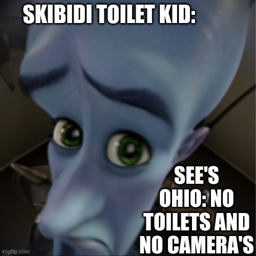 o ohio | SKIBIDI TOILET KID:; SEE'S OHIO: NO TOILETS AND NO CAMERA'S | image tagged in megamind peeking,funny,meme | made w/ Imgflip meme maker