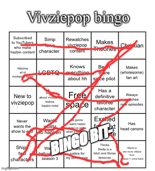 Vivziepop bingo | BINGO BIT- | image tagged in vivziepop bingo | made w/ Imgflip meme maker