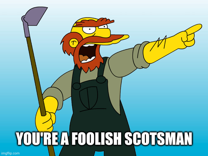 Groundskeeper Willie | YOU'RE A FOOLISH SCOTSMAN | image tagged in groundskeeper willie | made w/ Imgflip meme maker