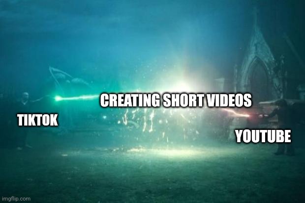 Who's better at making short videos? | CREATING SHORT VIDEOS; TIKTOK; YOUTUBE | image tagged in harry potter voldemort duel,youtube,tiktok,jpfan102504 | made w/ Imgflip meme maker