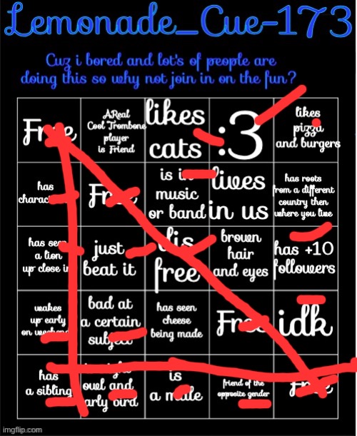 Lemonade_Cue-173 Bingo | image tagged in lemonade_cue-173 bingo | made w/ Imgflip meme maker