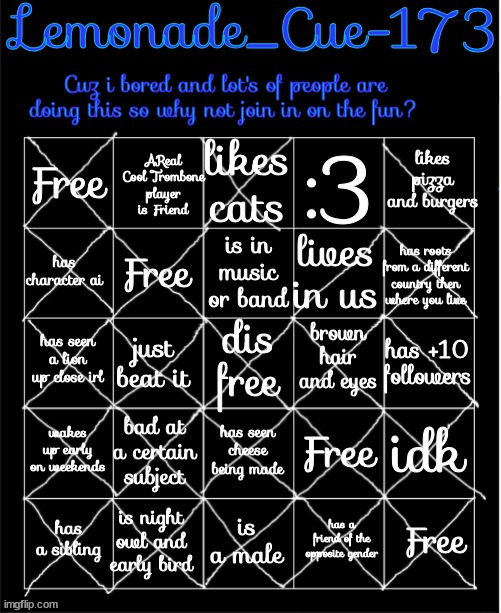 Lemonade_Cue-173 Bingo | image tagged in lemonade_cue-173 bingo | made w/ Imgflip meme maker