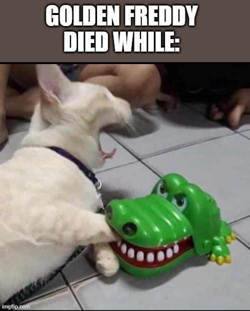 Cat bitten by toy alligator | GOLDEN FREDDY DIED WHILE: | image tagged in cat bitten by toy alligator | made w/ Imgflip meme maker