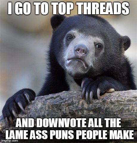 Confession Bear | I GO TO TOP THREADS AND DOWNVOTE ALL THE LAME ASS PUNS PEOPLE MAKE | image tagged in memes,confession bear,AdviceAnimals | made w/ Imgflip meme maker