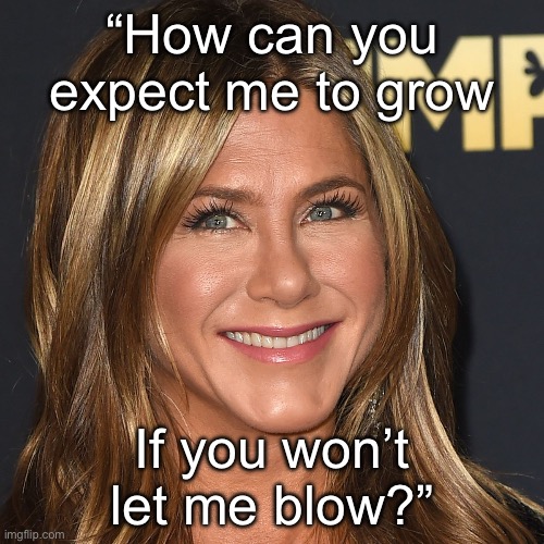 Friends | “How can you expect me to grow; If you won’t let me blow?” | image tagged in jennifer aniston,friends | made w/ Imgflip meme maker