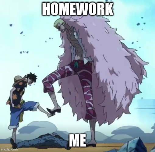 one piece luffy doflamingo stop | HOMEWORK; ME | image tagged in one piece luffy doflamingo stop | made w/ Imgflip meme maker