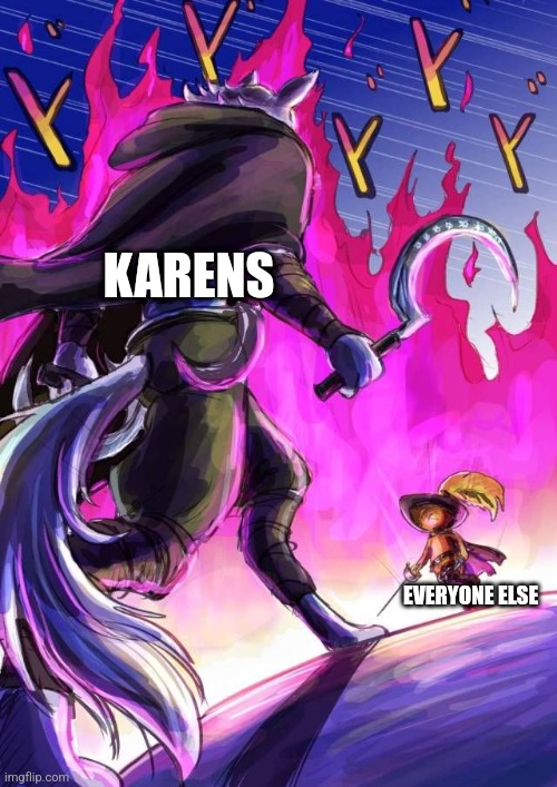 It's us vs the karens | KARENS; EVERYONE ELSE | image tagged in death vs puss,karens,jpfan102504 | made w/ Imgflip meme maker
