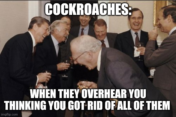 There's thousands of them In the walls | COCKROACHES:; WHEN THEY OVERHEAR YOU THINKING YOU GOT RID OF ALL OF THEM | image tagged in memes,laughing men in suits,bugs,jpfan102504 | made w/ Imgflip meme maker
