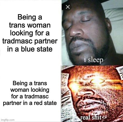 More good men in red states imo | Being a trans woman looking for a tradmasc partner in a blue state; Being a trans woman looking for a tradmasc partner in a red state | image tagged in memes,sleeping shaq,transsexual,red state,blue state,dating | made w/ Imgflip meme maker
