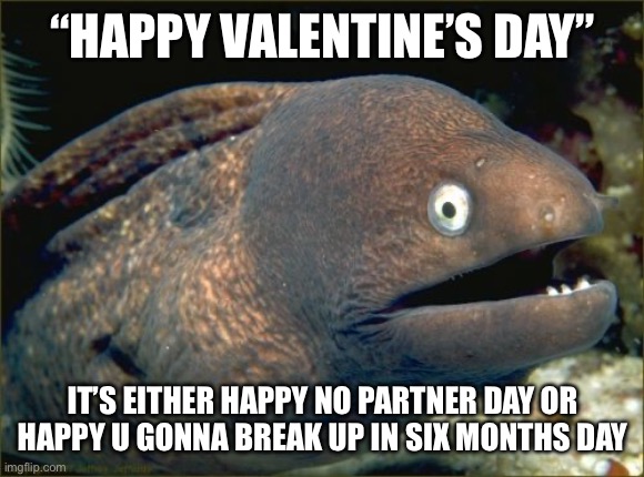 We all teenagers nothing will last | “HAPPY VALENTINE’S DAY”; IT’S EITHER HAPPY NO PARTNER DAY OR HAPPY U GONNA BREAK UP IN SIX MONTHS DAY | image tagged in memes,bad joke eel | made w/ Imgflip meme maker