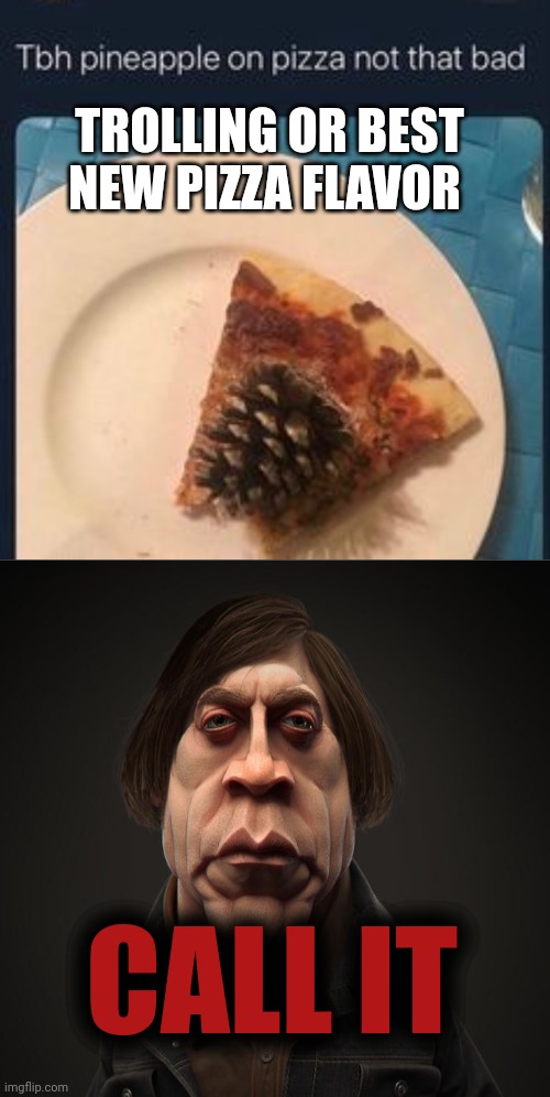Call it | TROLLING OR BEST NEW PIZZA FLAVOR; CALL IT | image tagged in call it,pineapple pizza,pizza time stops | made w/ Imgflip meme maker