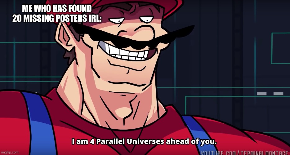 Mario I am four parallel universes ahead of you | ME WHO HAS FOUND 20 MISSING POSTERS IRL: | image tagged in mario i am four parallel universes ahead of you | made w/ Imgflip meme maker