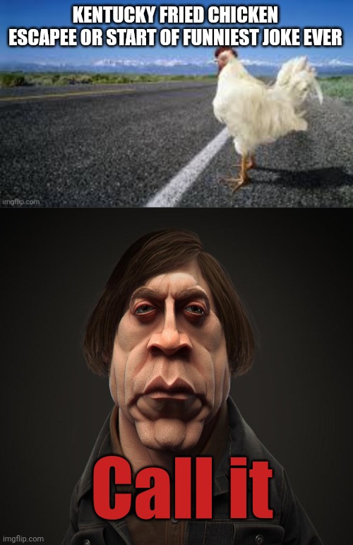 Call it | KENTUCKY FRIED CHICKEN ESCAPEE OR START OF FUNNIEST JOKE EVER; Call it | image tagged in call it,chicken,why did the chicken cross the road | made w/ Imgflip meme maker
