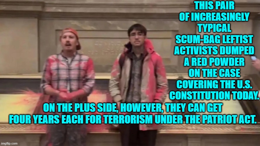 This ain't Europe, you idiots.  Here, you CAN do hard time. | THIS PAIR OF INCREASINGLY TYPICAL SCUM-BAG LEFTIST ACTIVISTS DUMPED A RED POWDER ON THE CASE COVERING THE U.S. CONSTITUTION TODAY. ON THE PLUS SIDE, HOWEVER, THEY CAN GET FOUR YEARS EACH FOR TERRORISM UNDER THE PATRIOT ACT. | image tagged in yep | made w/ Imgflip meme maker