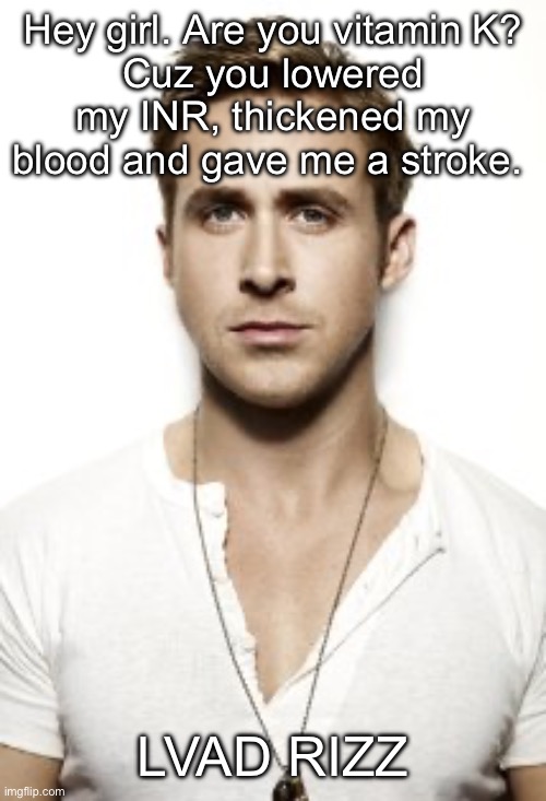 Stroke | Hey girl. Are you vitamin K?
Cuz you lowered my INR, thickened my blood and gave me a stroke. LVAD RIZZ | image tagged in memes,ryan gosling,stroke,blood | made w/ Imgflip meme maker