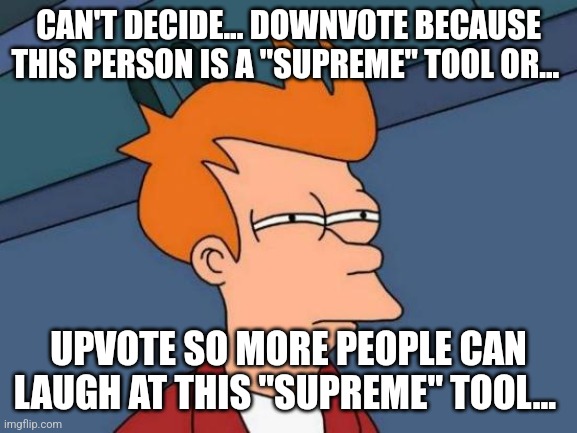 Futurama Fry Meme | CAN'T DECIDE... DOWNVOTE BECAUSE THIS PERSON IS A "SUPREME" TOOL OR... UPVOTE SO MORE PEOPLE CAN LAUGH AT THIS "SUPREME" TOOL... | image tagged in memes,futurama fry | made w/ Imgflip meme maker