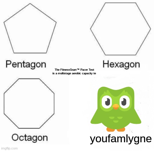 Pentagon Hexagon Octagon Meme | The FitnessGram™ Pacer Test is a multistage aerobic capacity te; youfamlygne | image tagged in memes,pentagon hexagon octagon,duolingo | made w/ Imgflip meme maker
