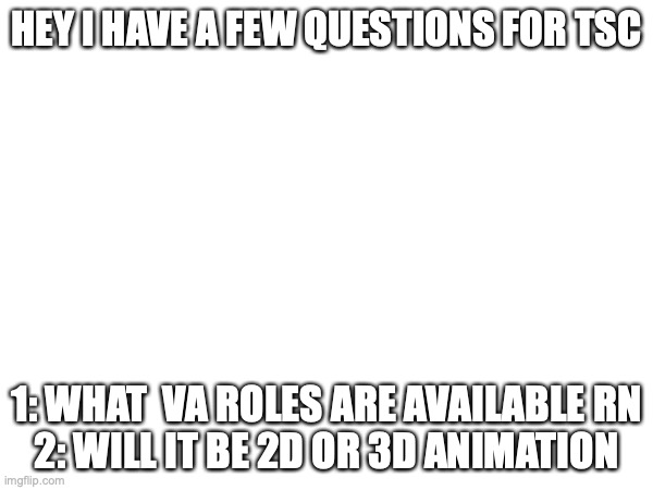 just a few questions | HEY I HAVE A FEW QUESTIONS FOR TSC; 1: WHAT  VA ROLES ARE AVAILABLE RN
2: WILL IT BE 2D OR 3D ANIMATION | image tagged in tsc,murder drones | made w/ Imgflip meme maker