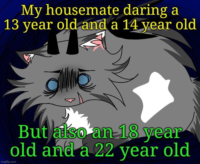 Bro you're 17 stopppppp :sob: | My housemate daring a 13 year old and a 14 year old; But also an 18 year old and a 22 year old | image tagged in traumatized | made w/ Imgflip meme maker