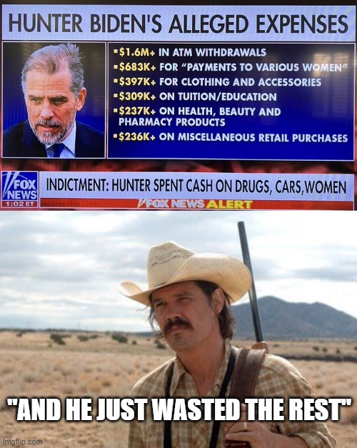 No Country for Old Men quote that fits the occasion | "AND HE JUST WASTED THE REST" | image tagged in hunter biden,democrats,corruption | made w/ Imgflip meme maker