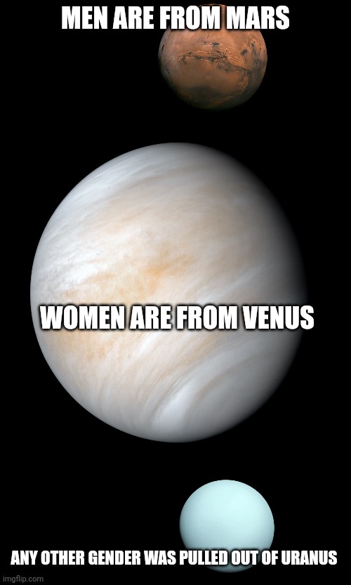 I wish I came up with this. | MEN ARE FROM MARS; WOMEN ARE FROM VENUS; ANY OTHER GENDER WAS PULLED OUT OF URANUS | image tagged in transgender | made w/ Imgflip meme maker