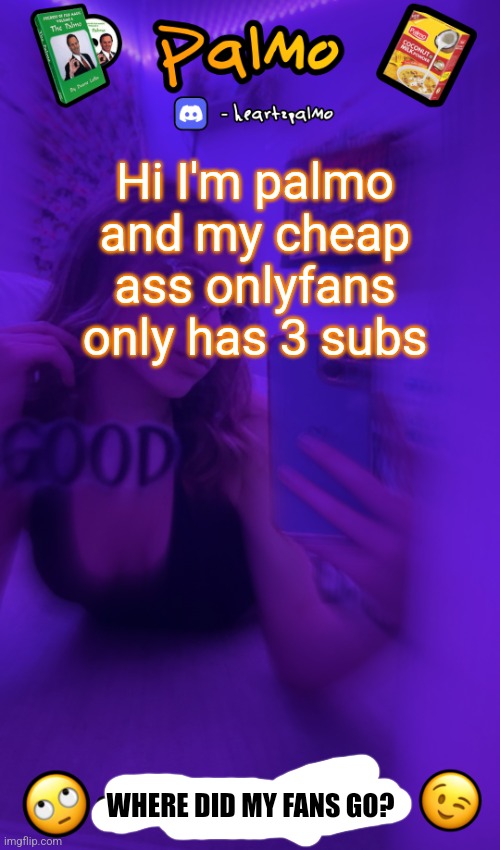 follow me plsss | Hi I'm palmo and my cheap ass onlyfans only has 3 subs; WHERE DID MY FANS GO? | image tagged in follow me plsss | made w/ Imgflip meme maker