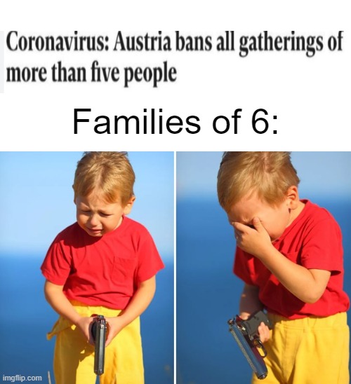 Someone is going to die | Families of 6: | image tagged in crying kid with gun,funny memes,dark humor | made w/ Imgflip meme maker
