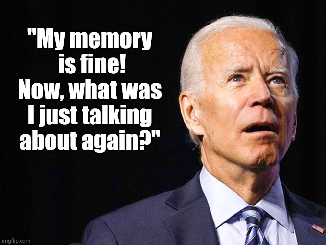 In Alice in Wonderland, Alice says 'One can't believe impossible things.'  I think she meant Joe Biden's mental abilities | "My memory  is fine! Now, what was I just talking about again?" | image tagged in joe biden confused,dementia,stupid liberals,minor case of serious brain damage,crying democrats,hopeless | made w/ Imgflip meme maker