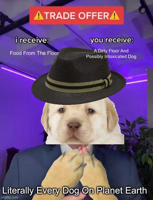 The Little Ones | Food From The Floor; A Dirty Floor And Possibly Intoxicated Dog; Literally Every Dog On Planet Earth | image tagged in trade offer,dog | made w/ Imgflip meme maker