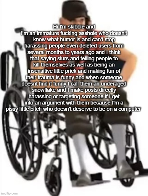 Scout but in a wheelchair | Hi I'm skibble and I'm an immature fucking asshole who doesn't know what humor is and can't stop harassing people even deleted users from several months to years ago and I think that saying slurs and telling people to kill themselves as well as being an insensitive little prick and making fun of their trauma is funny and when someone doesnt find it funny I call them an underaged snowflake and I make posts directly harassing or targeting someone if I get into an argument with them because I'm a pissy little bitch who doesn't deserve to be on a computer | image tagged in scout but in a wheelchair | made w/ Imgflip meme maker
