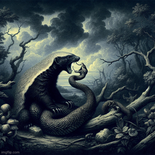 a rivalry as old as time: the fearsome honey badger and the mighty serpent | image tagged in ai | made w/ Imgflip meme maker
