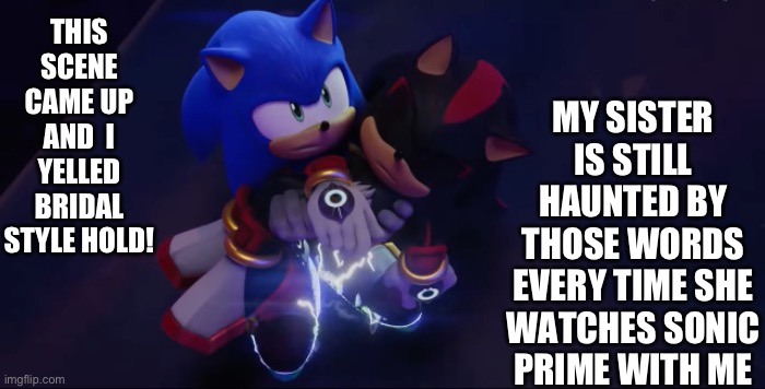 Canon event time | MY SISTER IS STILL HAUNTED BY THOSE WORDS EVERY TIME SHE WATCHES SONIC PRIME WITH ME; THIS SCENE CAME UP AND  I YELLED BRIDAL STYLE HOLD! | image tagged in canon | made w/ Imgflip meme maker