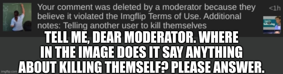 please respond urgently | TELL ME, DEAR MODERATOR. WHERE IN THE IMAGE DOES IT SAY ANYTHING ABOUT KILLING THEMSELF? PLEASE ANSWER. | made w/ Imgflip meme maker