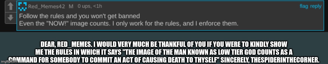 DEAR, RED_MEMES. I WOULD VERY MUCH BE THANKFUL OF YOU IF YOU WERE TO KINDLY SHOW ME THE RULES IN WHICH IT SAYS "THE IMAGE OF THE MAN KNOWN AS LOW TIER GOD COUNTS AS A COMMAND FOR SOMEBODY TO COMMIT AN ACT OF CAUSING DEATH TO THYSELF" SINCERELY, THESPIDERINTHECORNER. | made w/ Imgflip meme maker