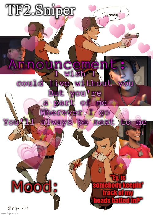 TF2.Sniper announcement temp | I wish I could live without you
But you're a part of me
Wherever I go
You'll always be next to me | image tagged in tf2 sniper announcement temp | made w/ Imgflip meme maker