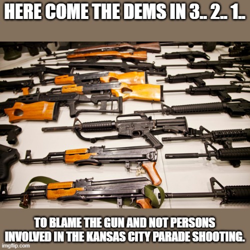 Gun Control | HERE COME THE DEMS IN 3.. 2.. 1.. TO BLAME THE GUN AND NOT PERSONS INVOLVED IN THE KANSAS CITY PARADE SHOOTING. | image tagged in gun control,democrats,joe biden,second amendment | made w/ Imgflip meme maker