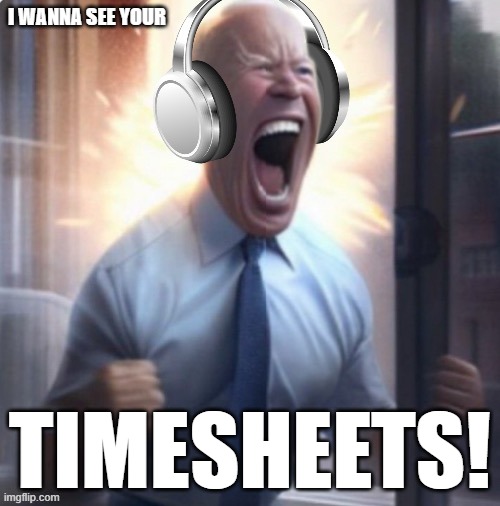 Joe Biden headphones | I WANNA SEE YOUR; TIMESHEETS! | image tagged in joe biden headphones | made w/ Imgflip meme maker