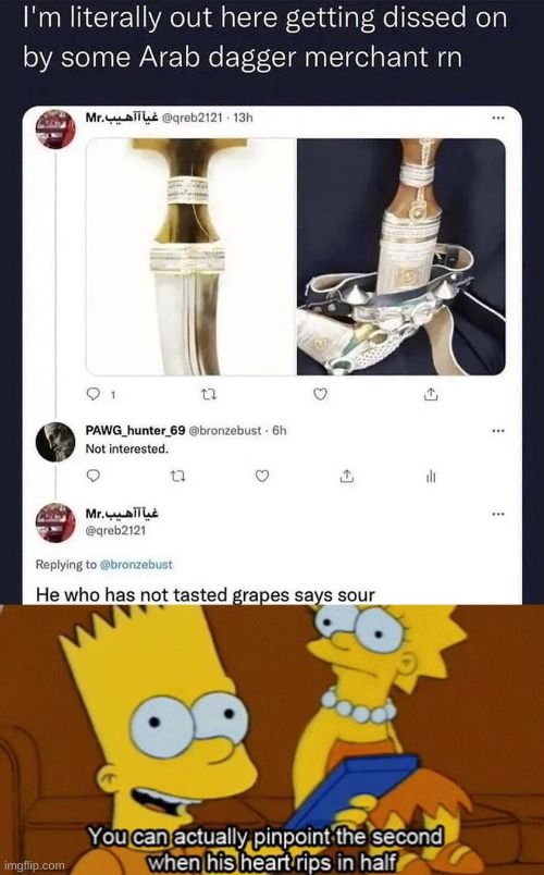 Dagger Merchant Brutal | image tagged in bart simpson,brutal,the simpsons,marketing,billy what have you done,shut up and take my upvote | made w/ Imgflip meme maker