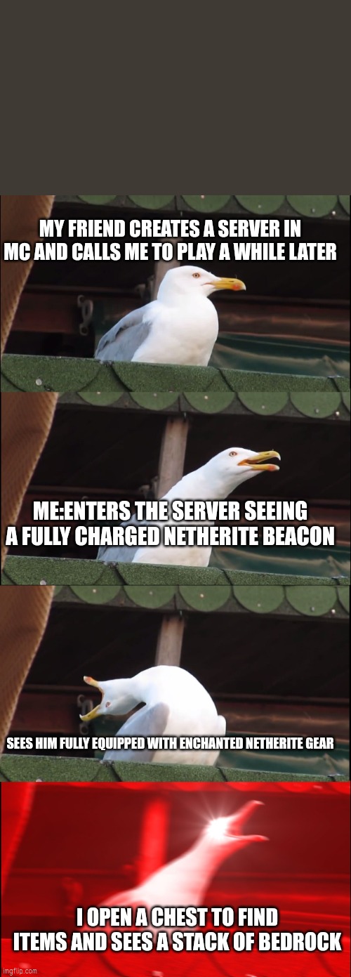 Inhaling Seagull | MY FRIEND CREATES A SERVER IN MC AND CALLS ME TO PLAY A WHILE LATER; ME:ENTERS THE SERVER SEEING A FULLY CHARGED NETHERITE BEACON; SEES HIM FULLY EQUIPPED WITH ENCHANTED NETHERITE GEAR; I OPEN A CHEST TO FIND ITEMS AND SEES A STACK OF BEDROCK | image tagged in memes,inhaling seagull | made w/ Imgflip meme maker