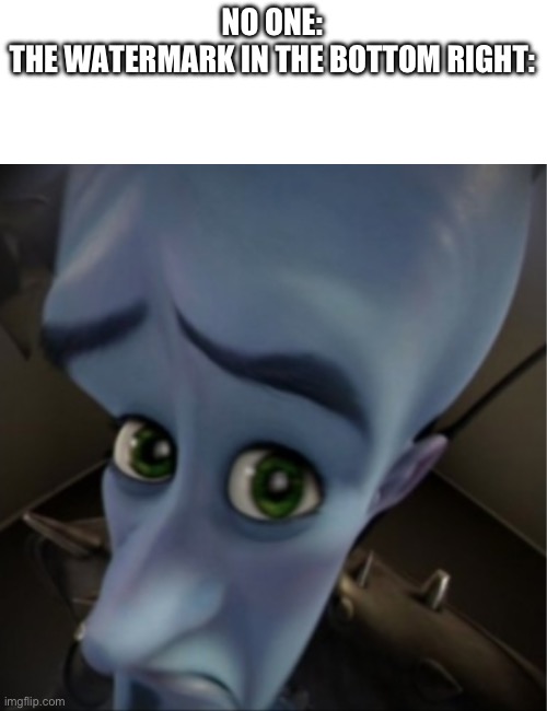 Megamind peeking | NO ONE:
THE WATERMARK IN THE BOTTOM RIGHT: | image tagged in megamind peeking | made w/ Imgflip meme maker