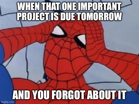 Hungover Spiderman | WHEN THAT ONE IMPORTANT PROJECT IS DUE TOMORROW; AND YOU FORGOT ABOUT IT | image tagged in hungover spiderman | made w/ Imgflip meme maker