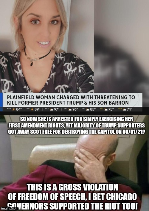 Why MAGA got away scot-free for riot, while she get arrested for saying her opinions? She is innocent! | image tagged in donald trump the clown,maga idiots,freedom of speech,first amendment,left wing | made w/ Imgflip meme maker