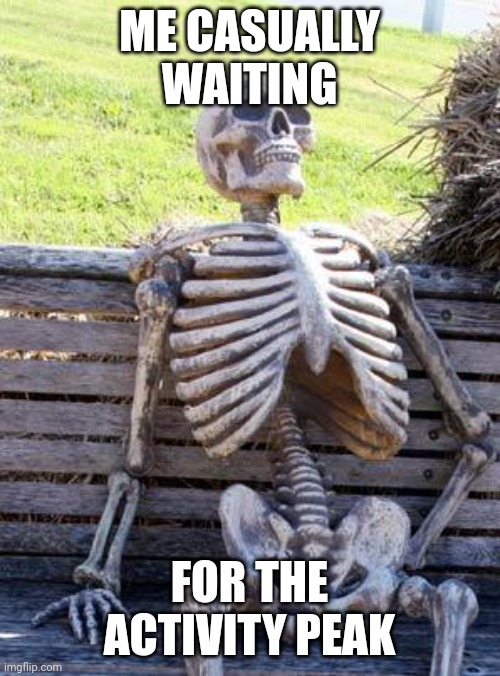 Basically it's when a crap ton of users get online and start posting like crazy | ME CASUALLY WAITING; FOR THE ACTIVITY PEAK | image tagged in waiting skeleton | made w/ Imgflip meme maker