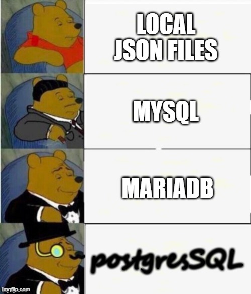 What do y'all think? Do y'all agree? | LOCAL JSON FILES; MYSQL; MARIADB; postgresSQL | image tagged in tuxedo winnie the pooh 4 panel,data,technology,servers | made w/ Imgflip meme maker