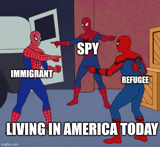 Spider Man Triple | SPY; IMMIGRANT; REFUGEE; LIVING IN AMERICA TODAY | image tagged in spider man triple | made w/ Imgflip meme maker