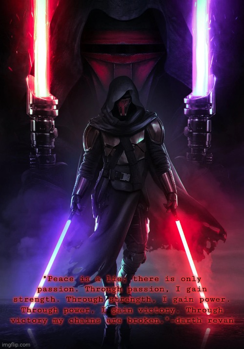 . | "Peace is a lie; there is only passion. Through passion, I gain strength. Through strength, I gain power. Through power, I gain victory. Through victory my chains are broken."-darth revan | image tagged in pie charts | made w/ Imgflip meme maker