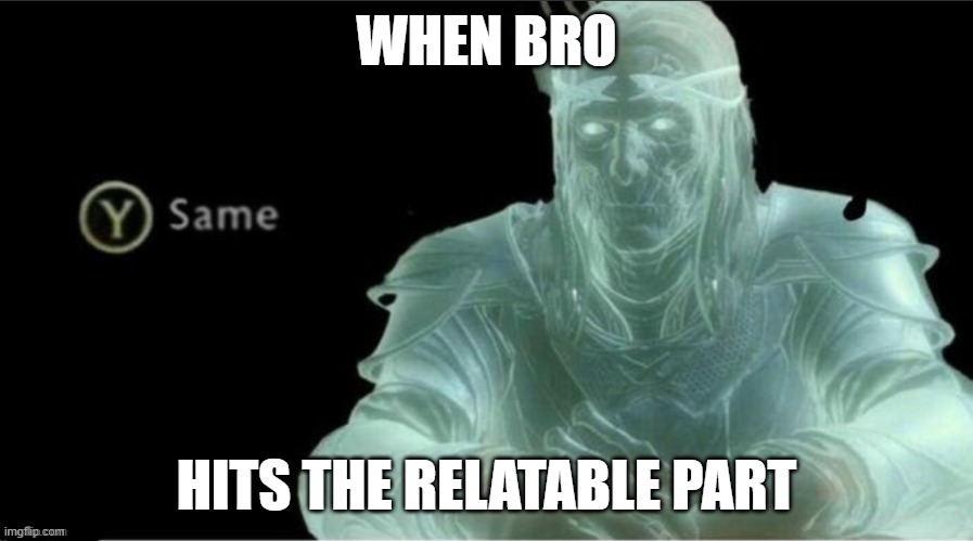 same. | WHEN BRO; HITS THE RELATABLE PART | image tagged in same | made w/ Imgflip meme maker
