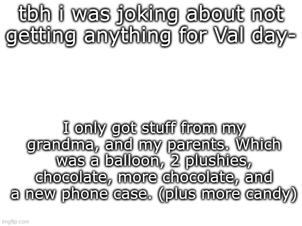 idk. | tbh i was joking about not getting anything for Val day-; I only got stuff from my grandma, and my parents. Which was a balloon, 2 plushies, chocolate, more chocolate, and a new phone case. (plus more candy) | image tagged in val day | made w/ Imgflip meme maker