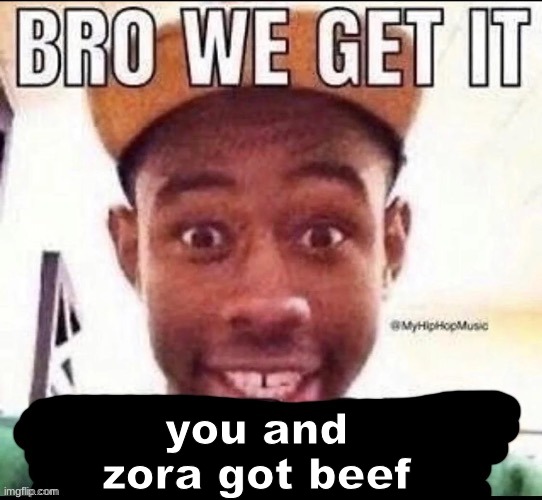 Bro we get it (blank) | you and zora got beef | image tagged in bro we get it blank | made w/ Imgflip meme maker